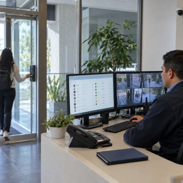 Control de acceso supervisado desde una recepción con apoyo de videovigilancia