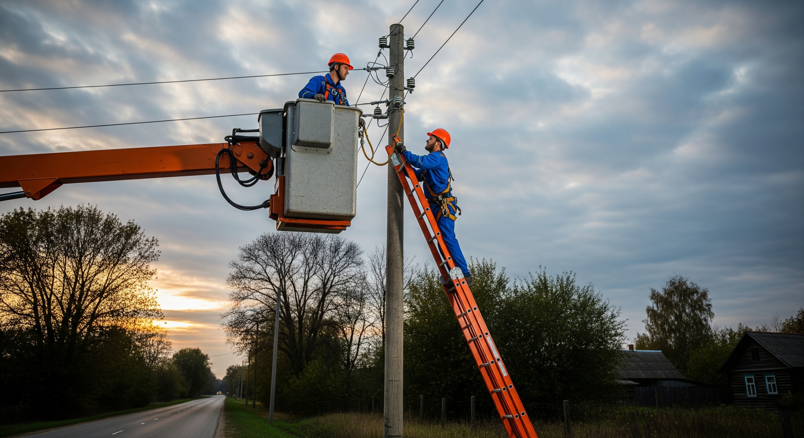 Técnicos realizando instalación en poste para sistema de teleprotección con conectividad inalámbrica punto a punto.