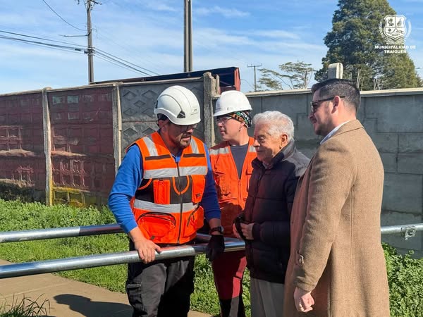 Técnicos y autoridades locales revisando estructura para pórticos de lectura de patentes en Traiguén