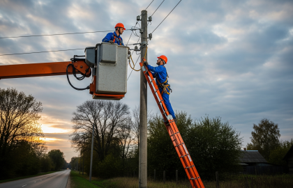 Técnicos realizando instalación en poste para sistema de teleprotección con conectividad inalámbrica punto a punto.