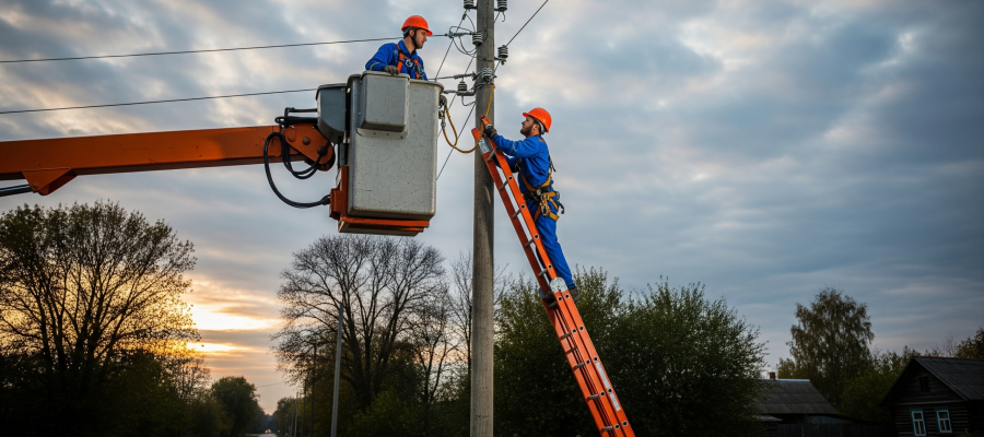 Técnicos realizando instalación en poste para sistema de teleprotección con conectividad inalámbrica punto a punto.